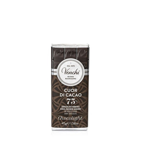 Mini tavoletta di cioccolato fondente 75% Cuor di Cacao 45g senza zuccheri aggiunti